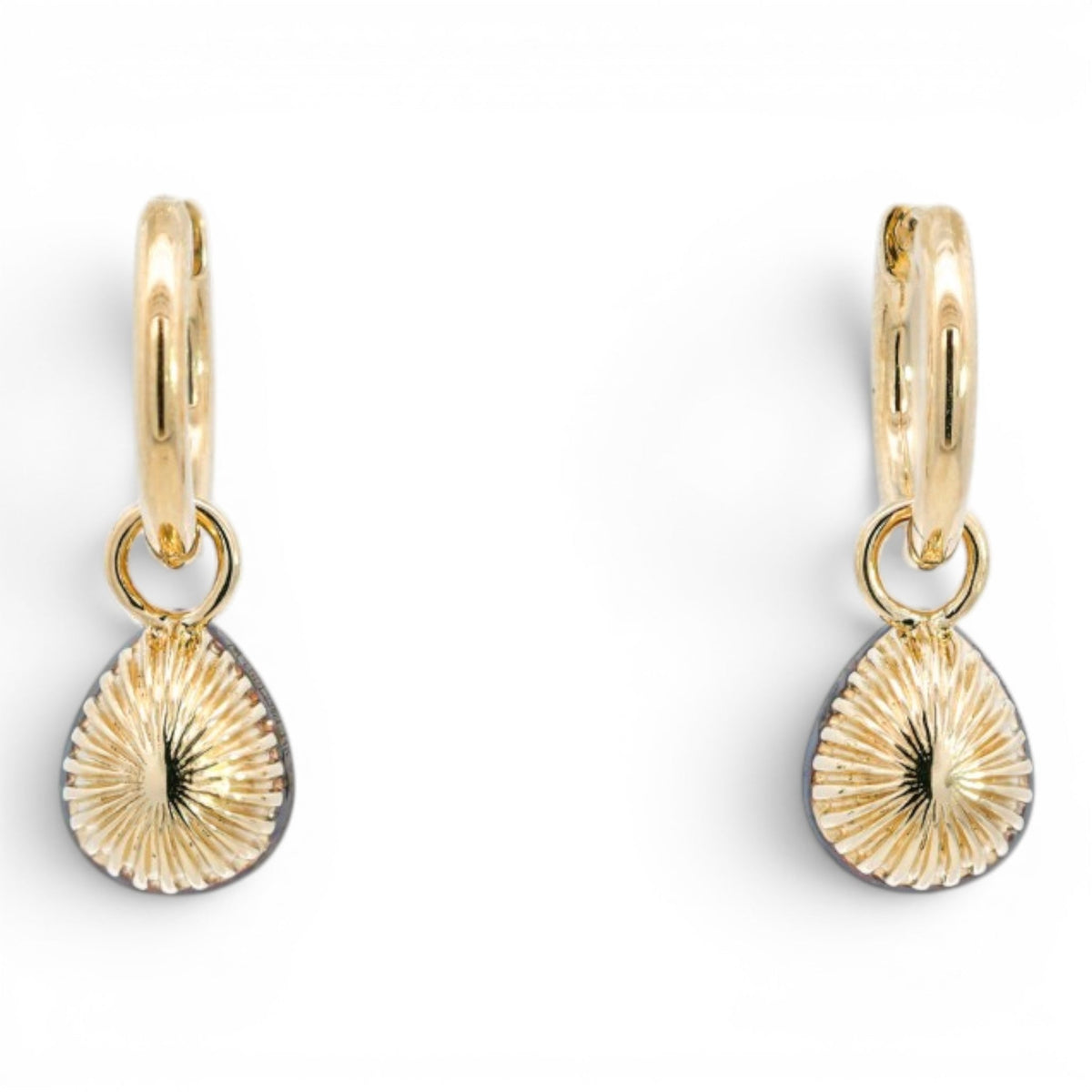 Georgian-inspired charm hoops with antique pear cut lab-grown diamonds in 18K yellow gold and platinum, view 4