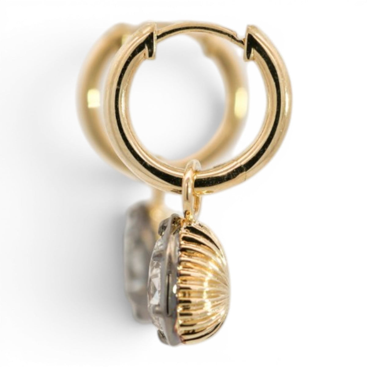 Georgian-inspired charm hoops with antique pear cut lab-grown diamonds in 18K yellow gold and platinum, view 5