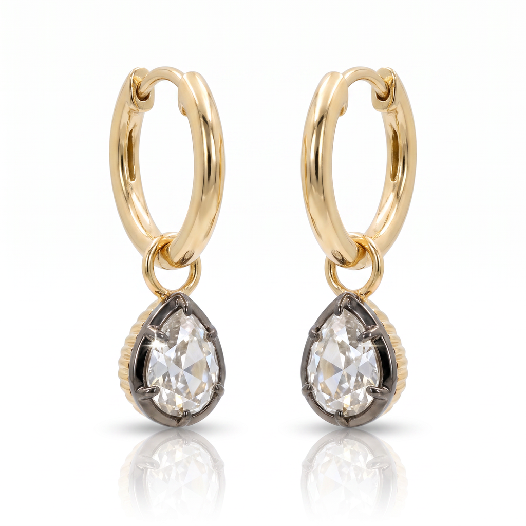 Georgian-inspired charm hoops with antique pear cut lab-grown diamonds in 18K yellow gold and platinum, view 6