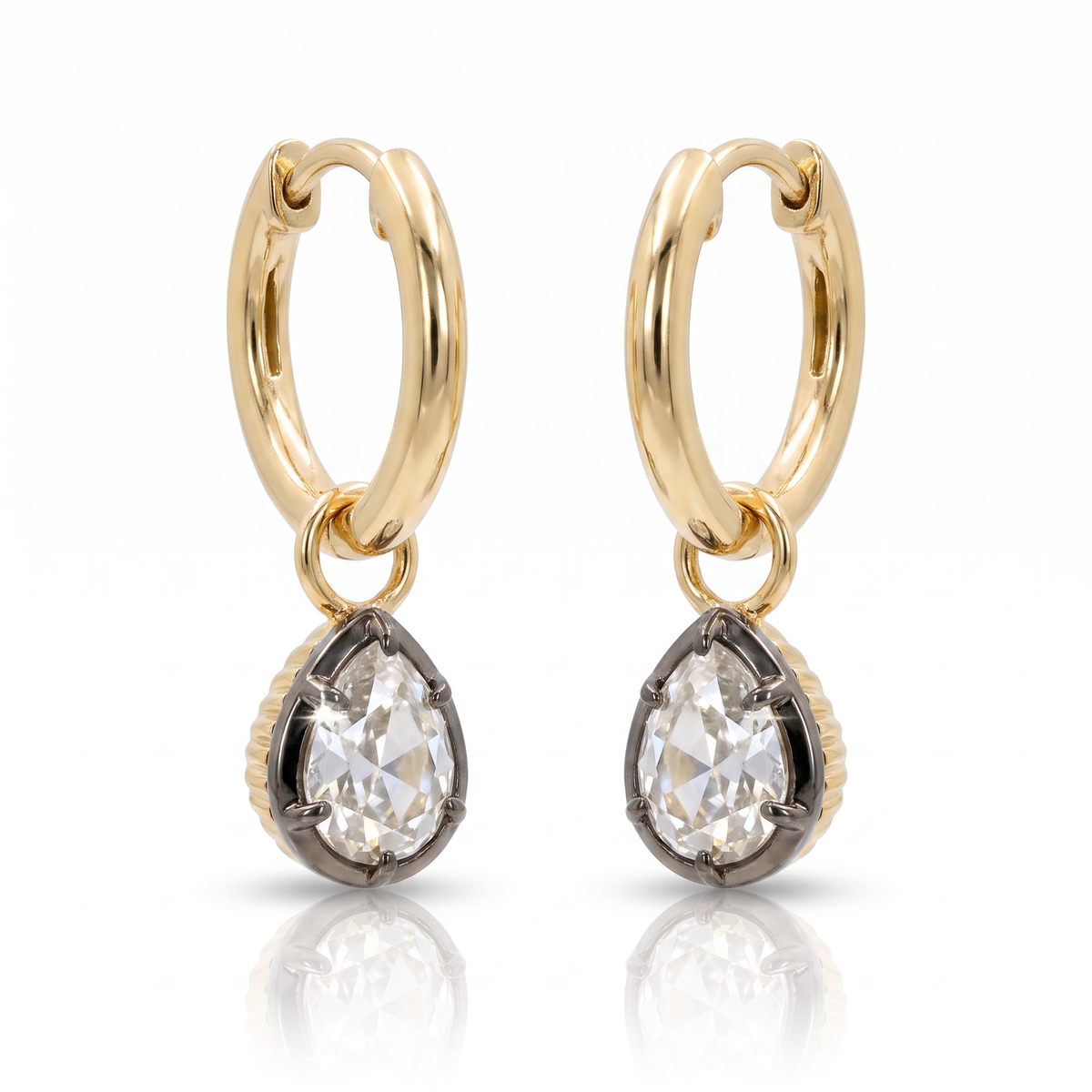 Georgian-inspired charm hoops with antique pear cut lab-grown diamonds in 18K yellow gold and platinum, view 6