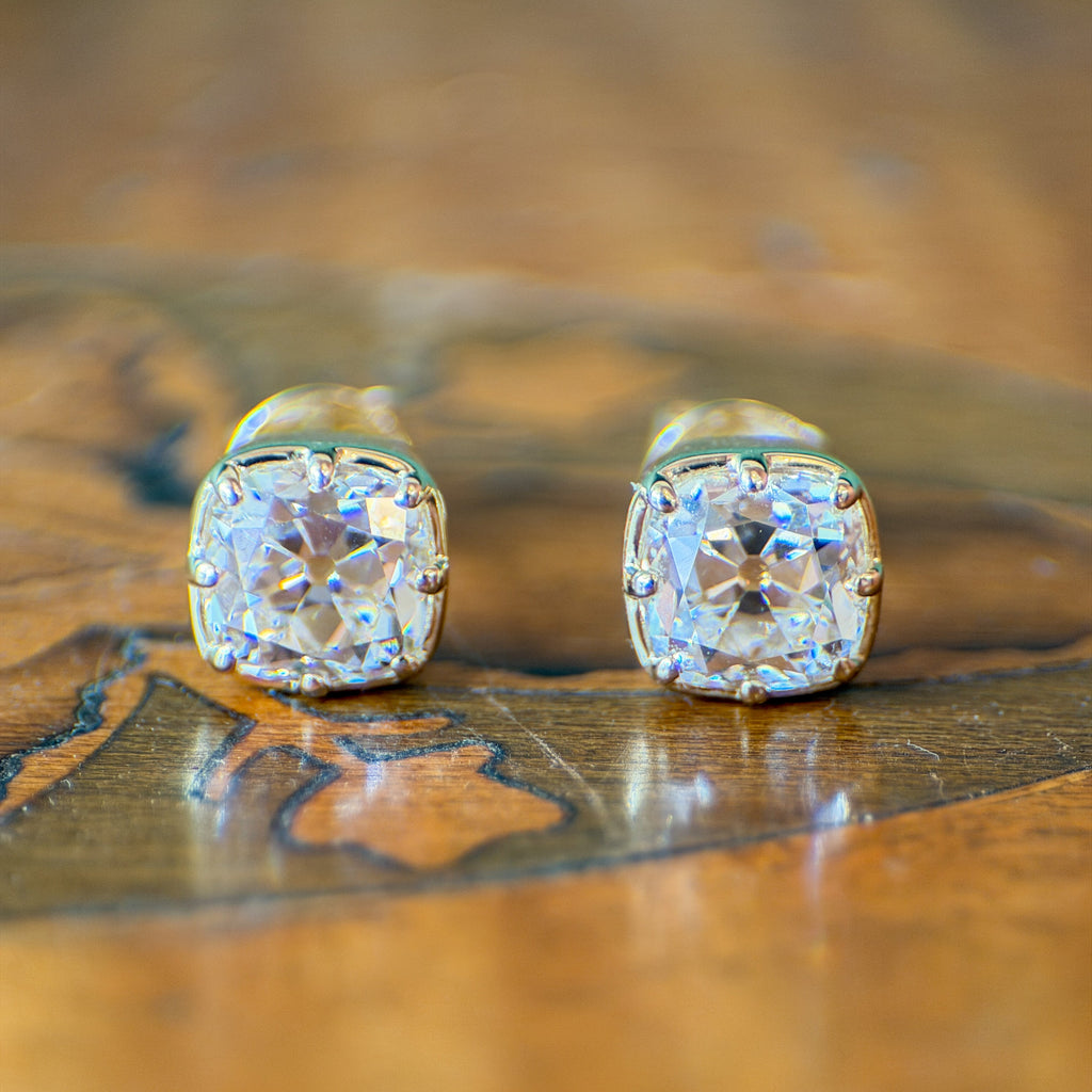 Old mine cut lab-grown diamond collet stud earrings in 14K yellow gold, view 3