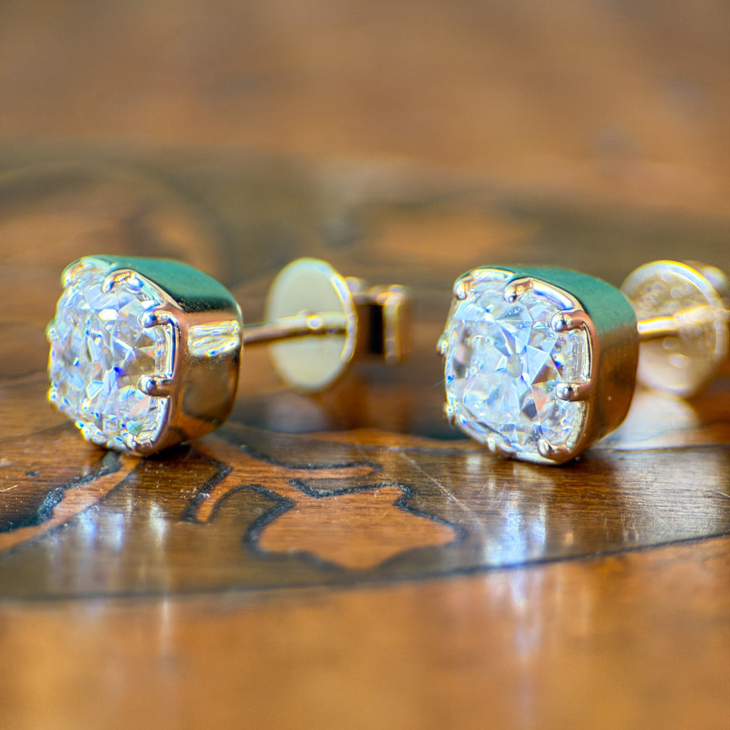 Old mine cut lab-grown diamond collet stud earrings in 14K yellow gold, view 5
