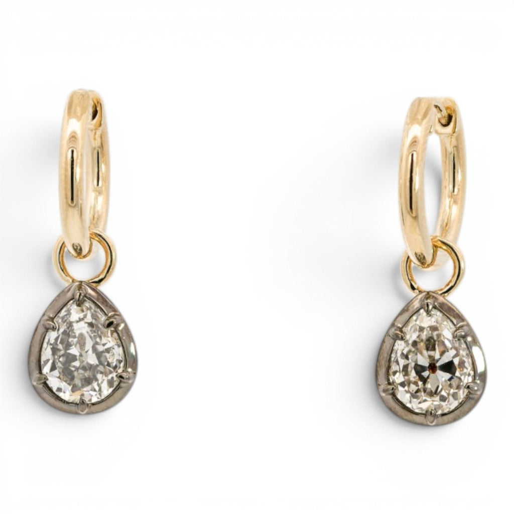 Georgian-inspired charm hoops with antique pear cut lab-grown diamonds in 18K yellow gold and platinum