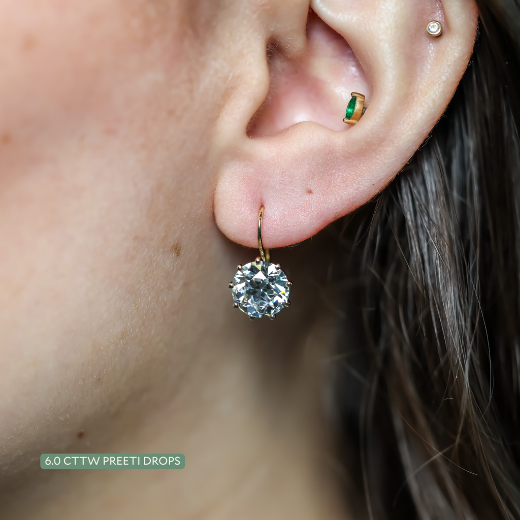 The Preeti Drops: old European cut lab-grown diamond dormeuse earrings in 18K yellow gold, view 3