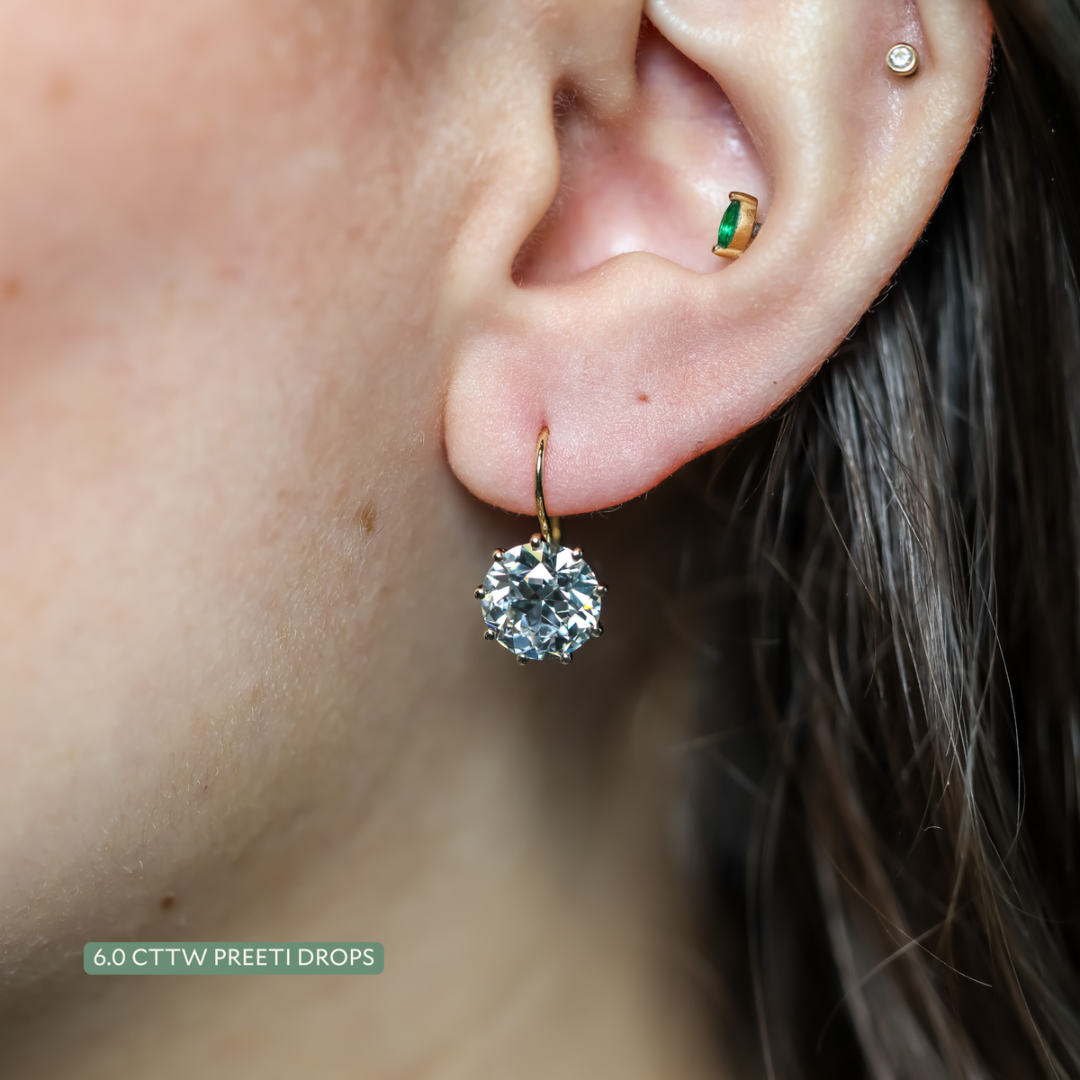 The Preeti Drops: old European cut lab-grown diamond dormeuse earrings in 18K yellow gold, view 3