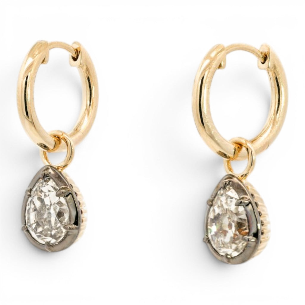 Georgian-inspired charm hoops with antique pear cut lab-grown diamonds in 18K yellow gold and platinum, view 3