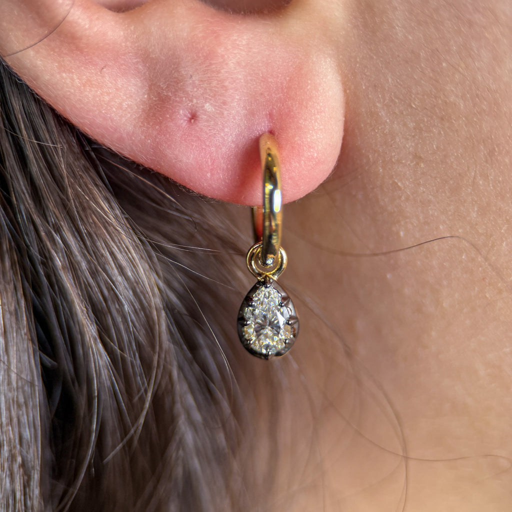 Georgian-inspired charm hoops with antique pear cut lab-grown diamonds in 18K yellow gold and platinum, view 2