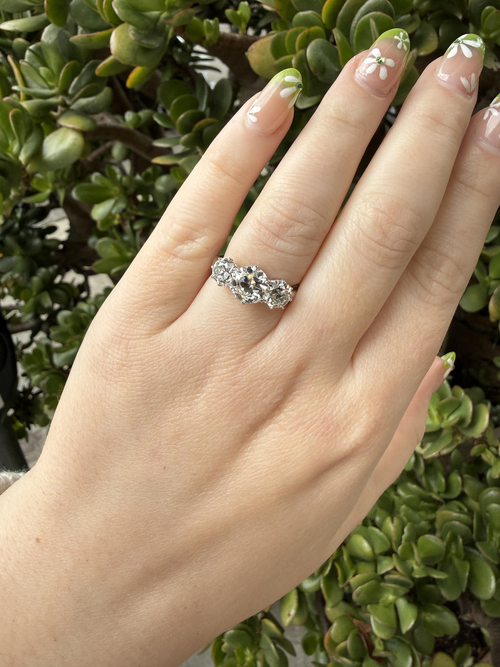 The Eleanor: three-stone ring of old European cut lab-grown diamonds in platinum, view 2