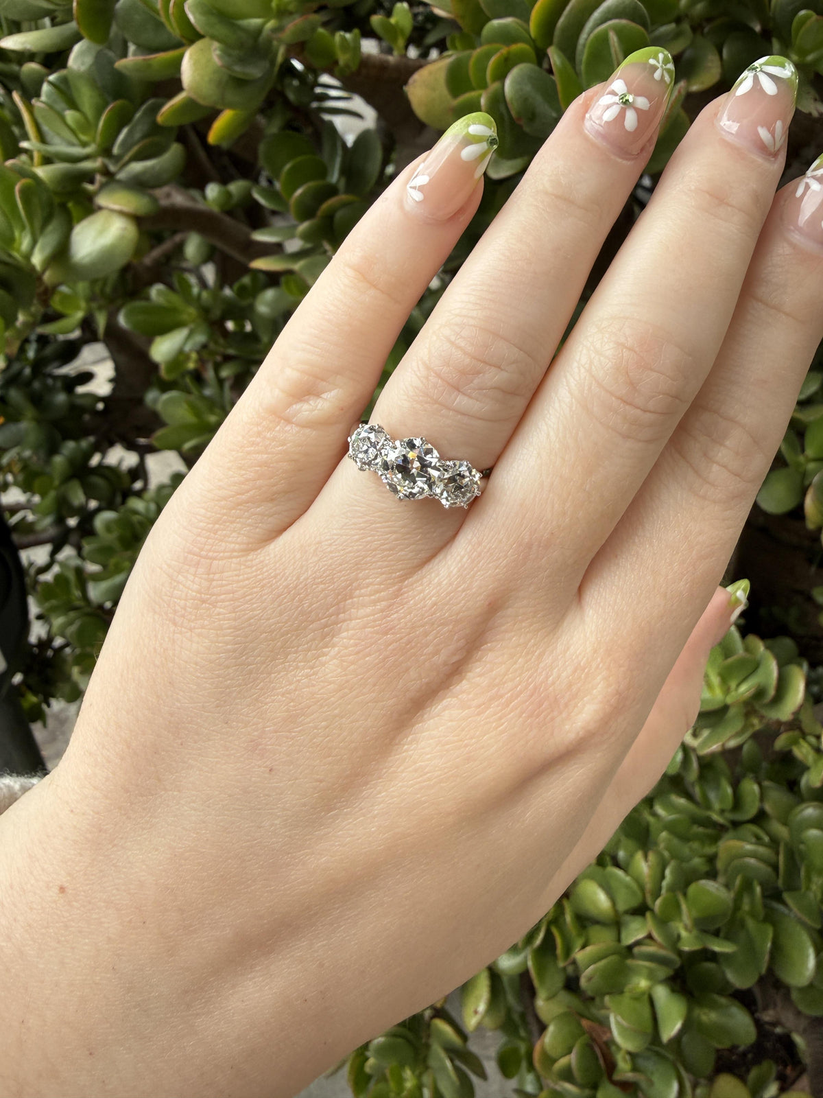 The Eleanor: three-stone ring of old European cut lab-grown diamonds in platinum, view 2