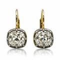 Old mine cut lab-grown diamond collet dormeuse earrings in yellow gold and blackened platinum