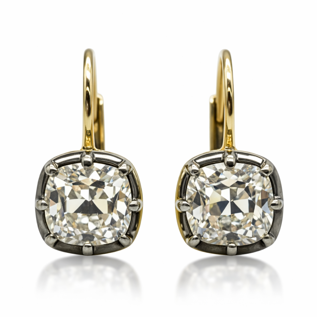 Old mine cut lab-grown diamond collet dormeuse earrings in yellow gold and blackened platinum