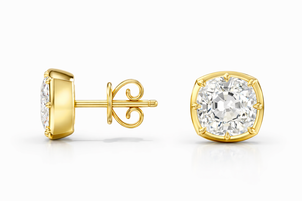 Old mine cut lab-grown diamond collet stud earrings in 14K yellow gold