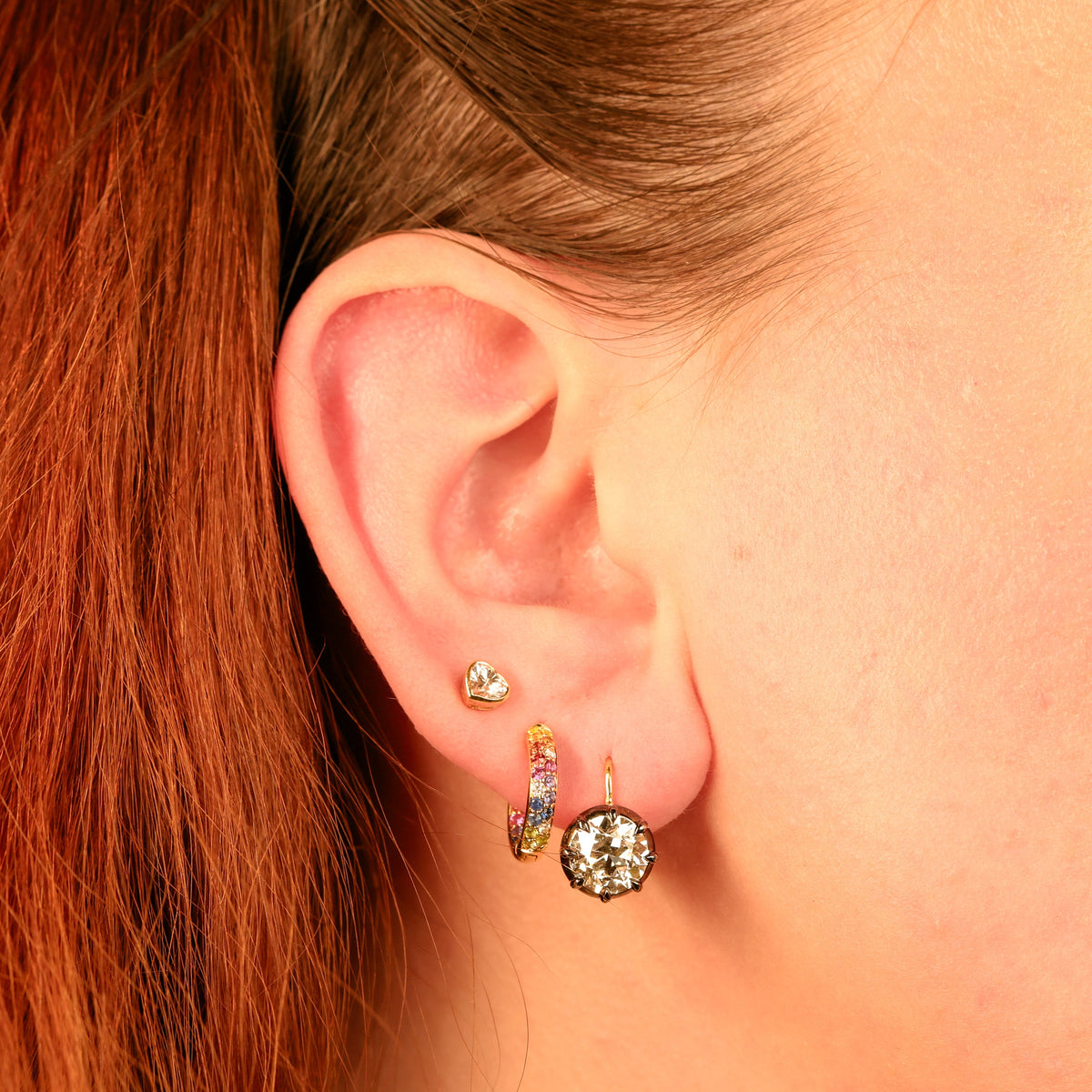 Old mine cut lab-grown diamond collet dormeuse earrings in yellow gold and blackened platinum, view 2