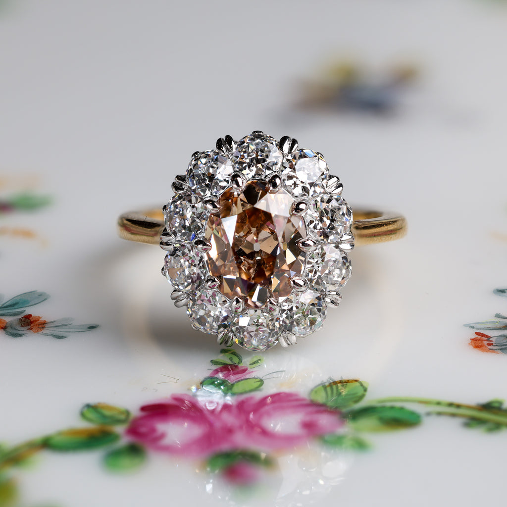 The Zahra: cognac antique oval lab-grown diamond in a cluster of old European cut lab-grown diamonds, platinum and 18K yellow gold, view 5