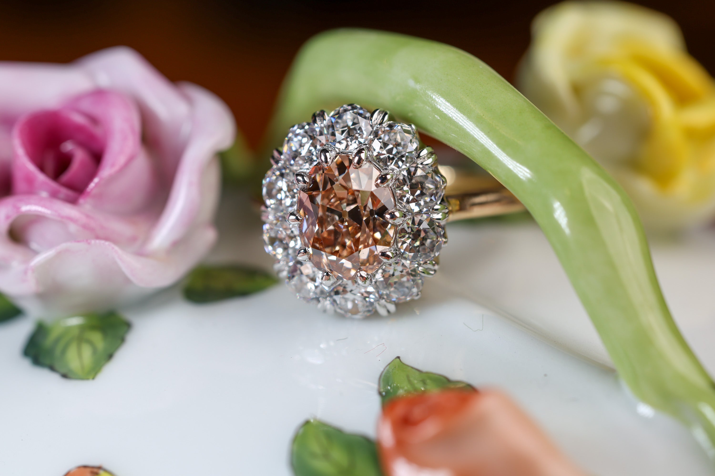 The Zahra: cognac antique oval lab-grown diamond cluster ring by C. Disston