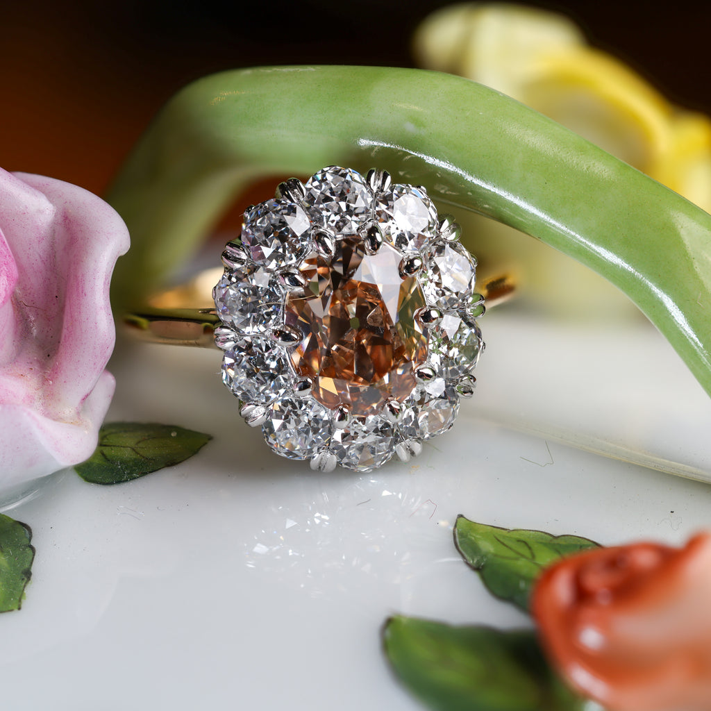 The Zahra: cognac antique oval lab-grown diamond in a cluster of old European cut lab-grown diamonds, platinum and 18K yellow gold, view 6