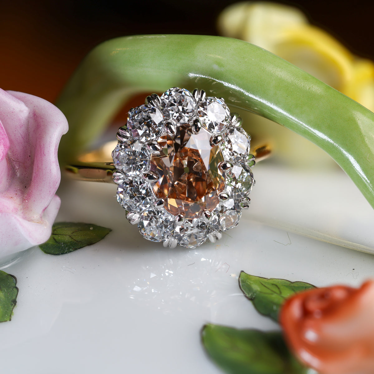 The Zahra: cognac antique oval lab-grown diamond in a cluster of old European cut lab-grown diamonds, platinum and 18K yellow gold, view 6