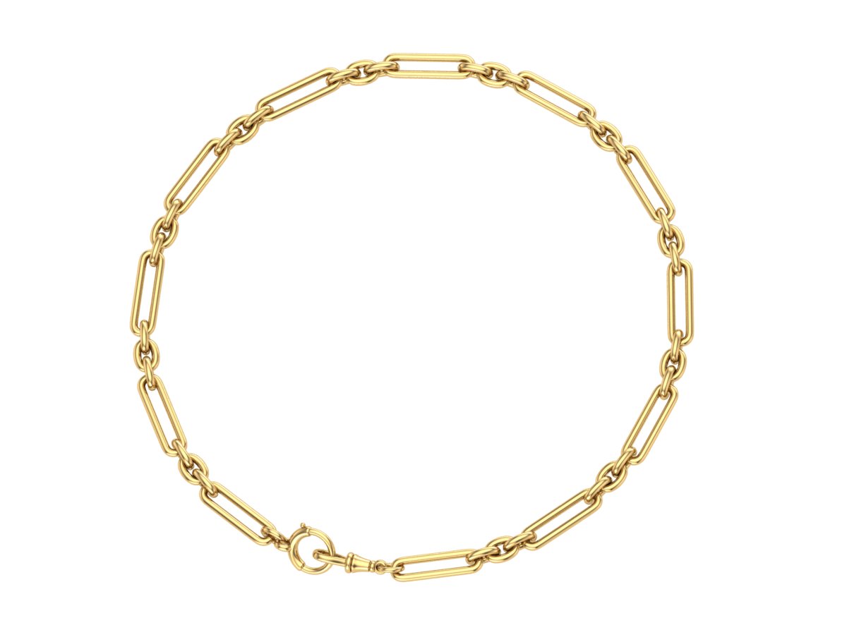 C. Disston Fetter Chain, a 17 inch solid 14K yellow gold trombone link necklace with alternating long and short links, bolt clasp and dog clip