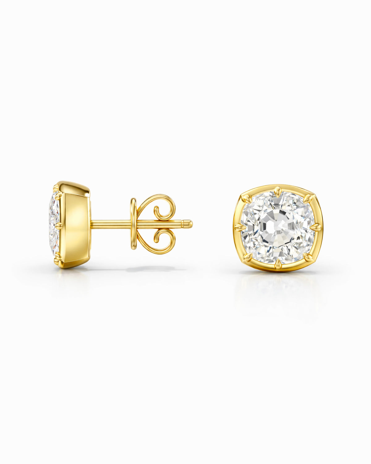 Old mine cut lab-grown diamond collet stud earrings in 14K yellow gold