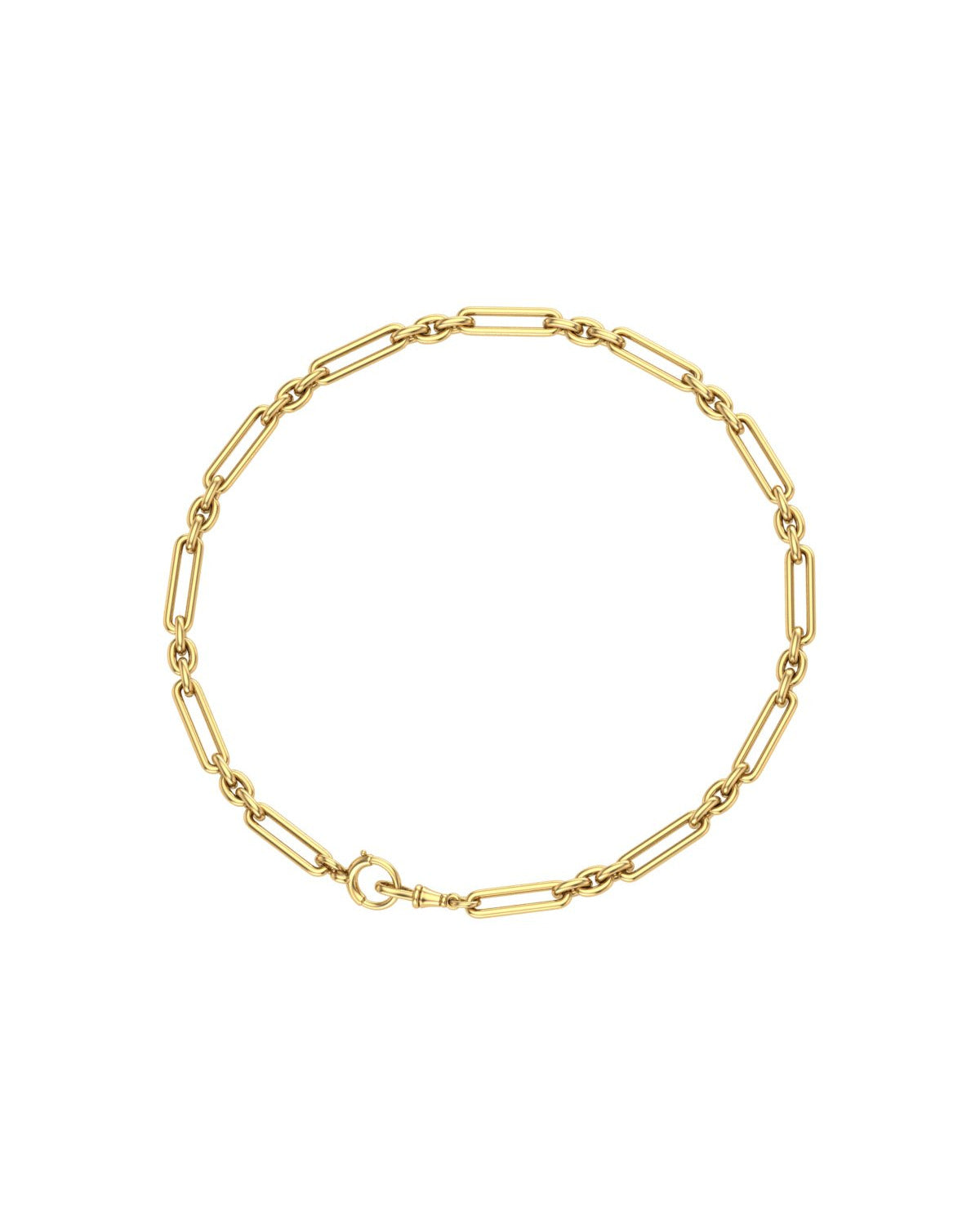 The Trombone Watch Chain Necklace, a solid 14K yellow gold trombone link chain with alternating long and short links, bolt clasp and dog clip