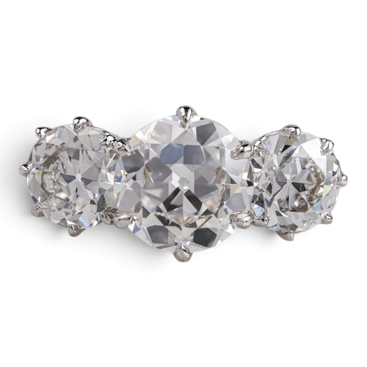 The Eleanor: three-stone ring of old European cut lab-grown diamonds in platinum