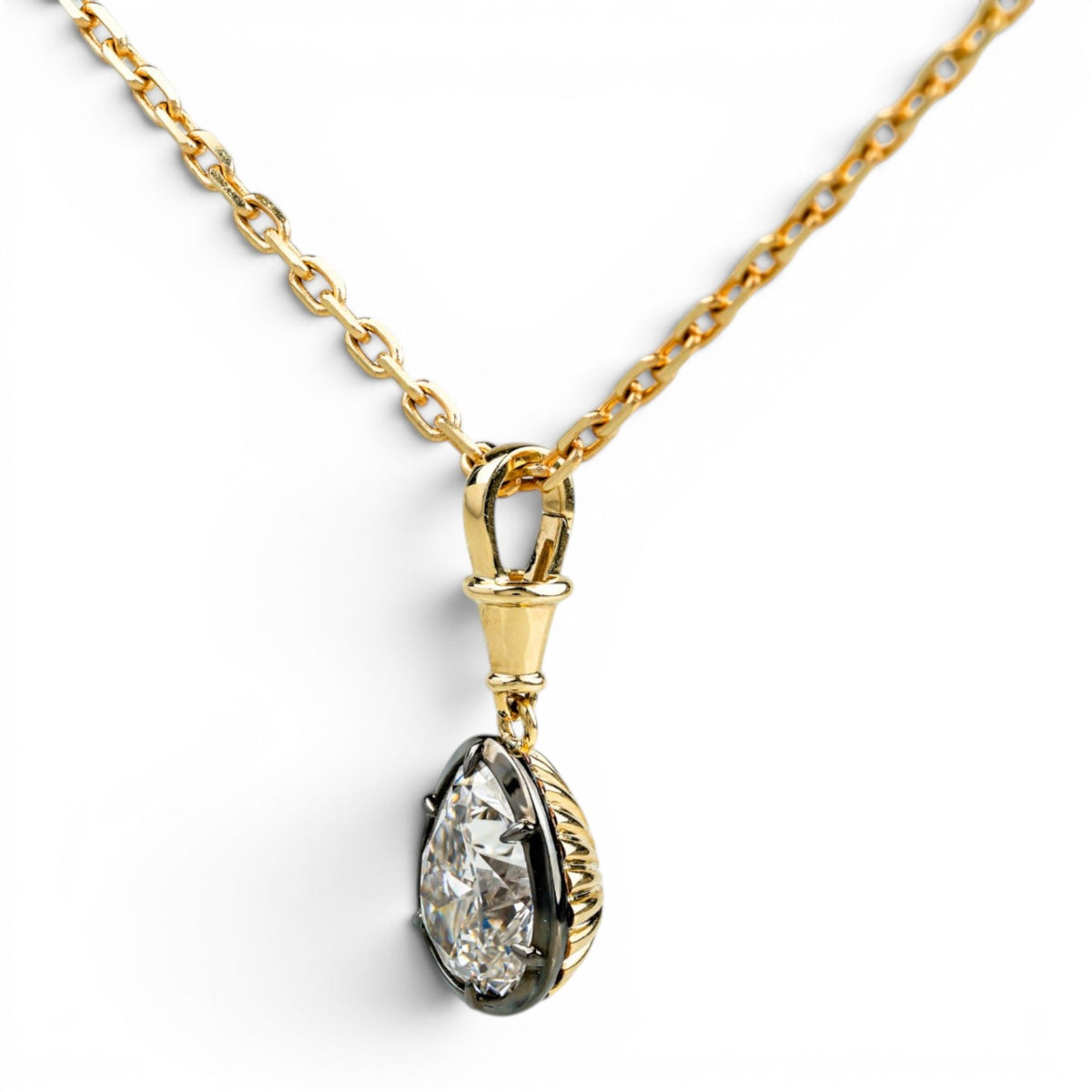 Antique pear cut lab-grown diamond collet pendant in yellow gold and blackened platinum, view 4