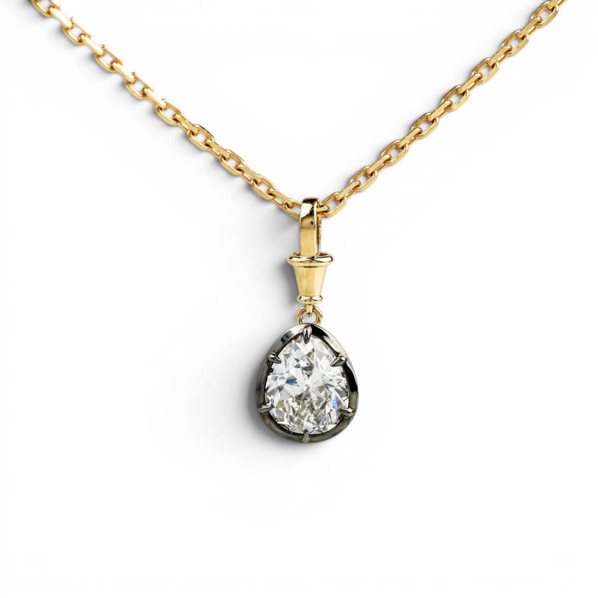 Antique pear cut lab-grown diamond collet pendant in yellow gold and blackened platinum
