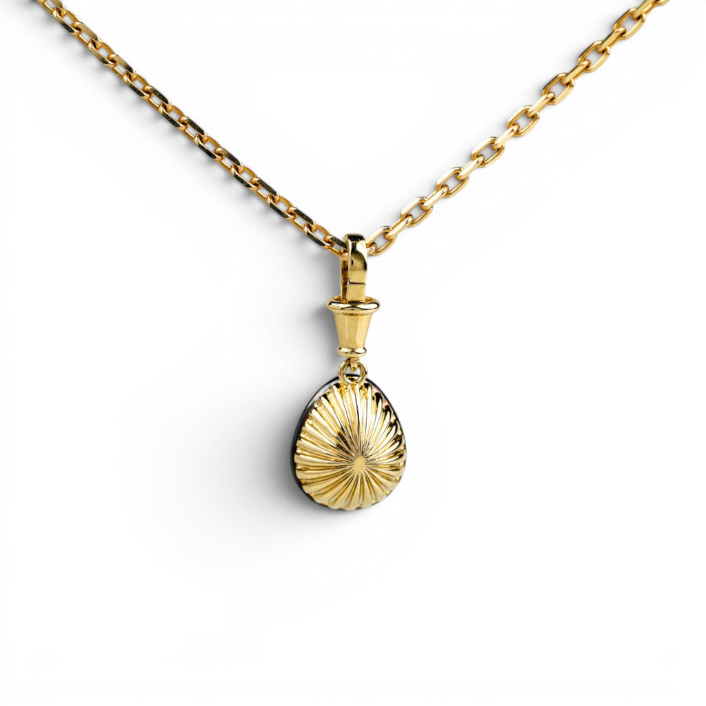 Antique pear cut lab-grown diamond collet pendant in yellow gold and blackened platinum, view 3