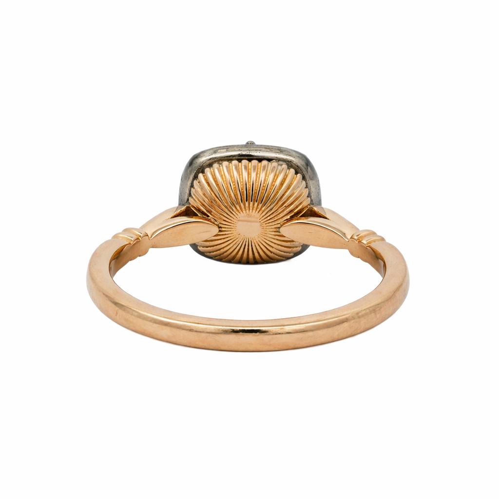 The Caroline ring: old mine cut lab-grown diamond in a blackened collet on a yellow gold snake shank, view 3