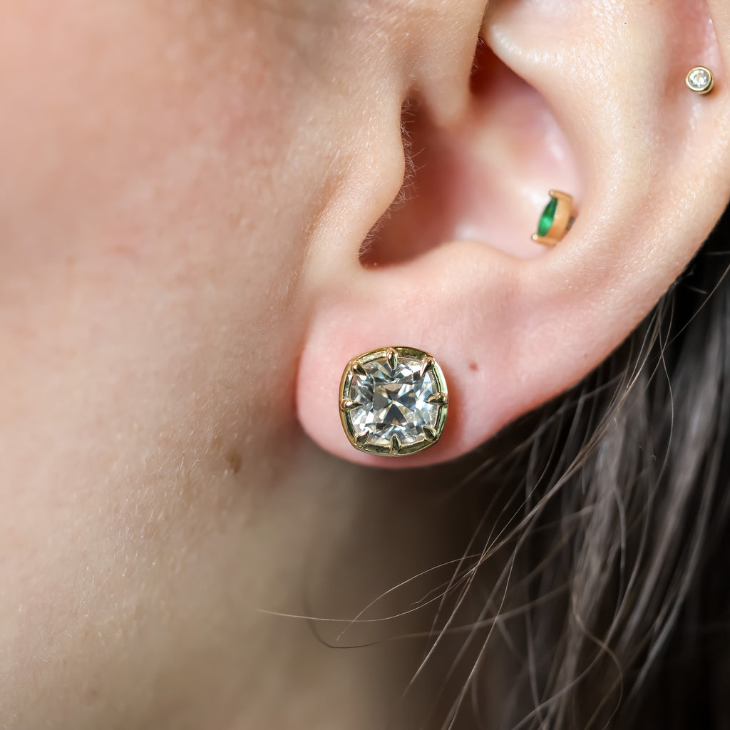 Old mine cut lab-grown diamond collet stud earrings in 14K yellow gold, view 2