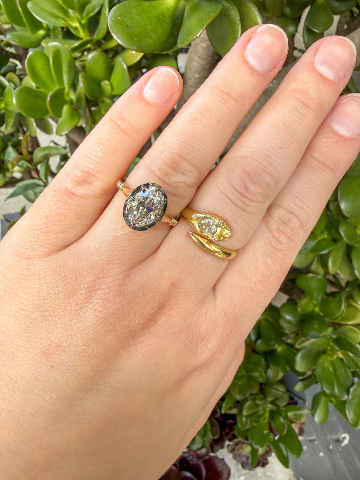 The Caroline ring: antique oval lab-grown diamond in a blackened collet on a yellow gold snake shank, view 3