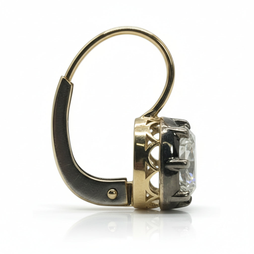 Old mine cut lab-grown diamond collet dormeuse earrings in yellow gold and blackened platinum, view 3