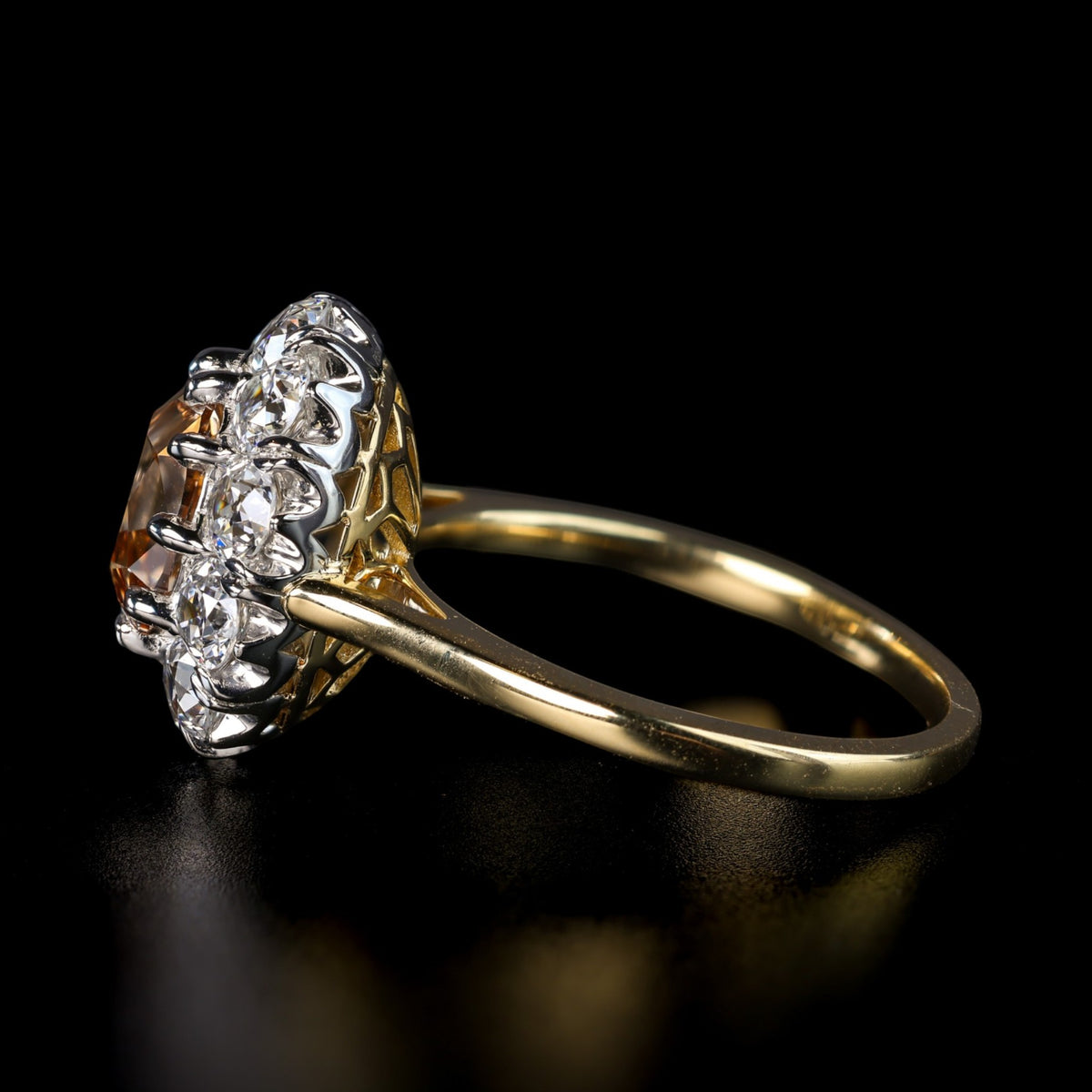 The Zahra: cognac antique oval lab-grown diamond in a cluster of old European cut lab-grown diamonds, platinum and 18K yellow gold, view 3