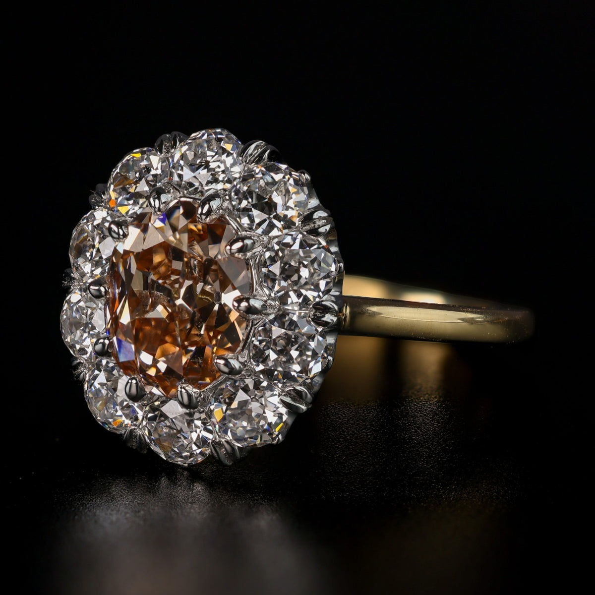 The Zahra: cognac antique oval lab-grown diamond in a cluster of old European cut lab-grown diamonds, platinum and 18K yellow gold, view 2