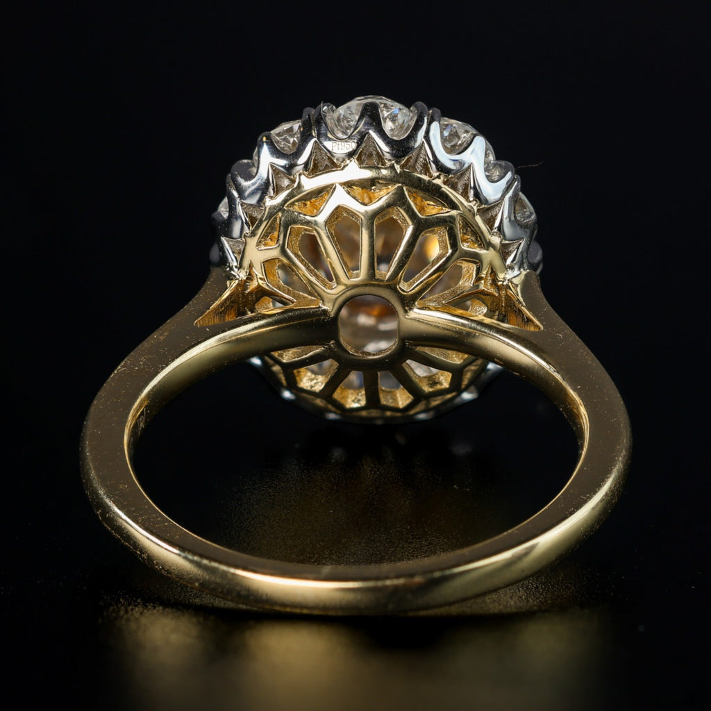 The Zahra: cognac antique oval lab-grown diamond in a cluster of old European cut lab-grown diamonds, platinum and 18K yellow gold, view 4