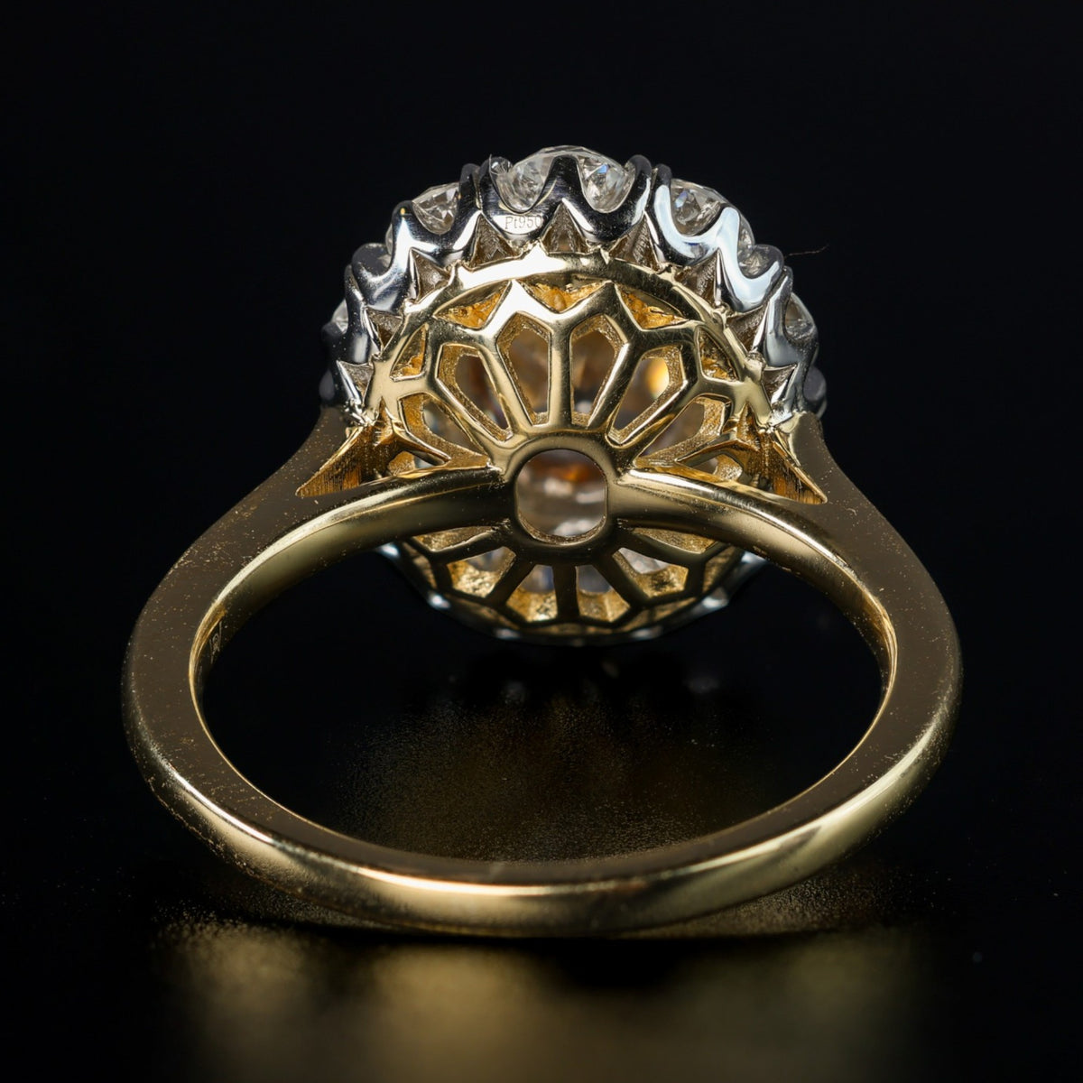 The Zahra: cognac antique oval lab-grown diamond in a cluster of old European cut lab-grown diamonds, platinum and 18K yellow gold, view 4